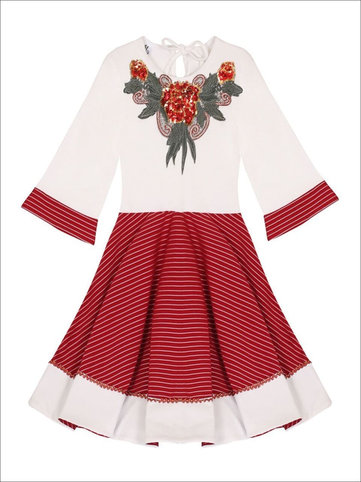 Girls Red & Creme Circular Skirt 3/4 Sleeve Dress - Girls Fall Dressy Dress