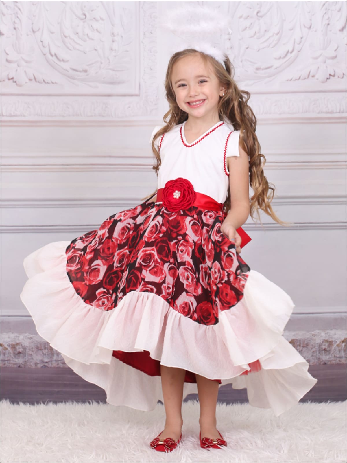 Girls Red & Creme Floral V-Neck Hi-Lo Party Dress - Girls Fall Dressy Dress