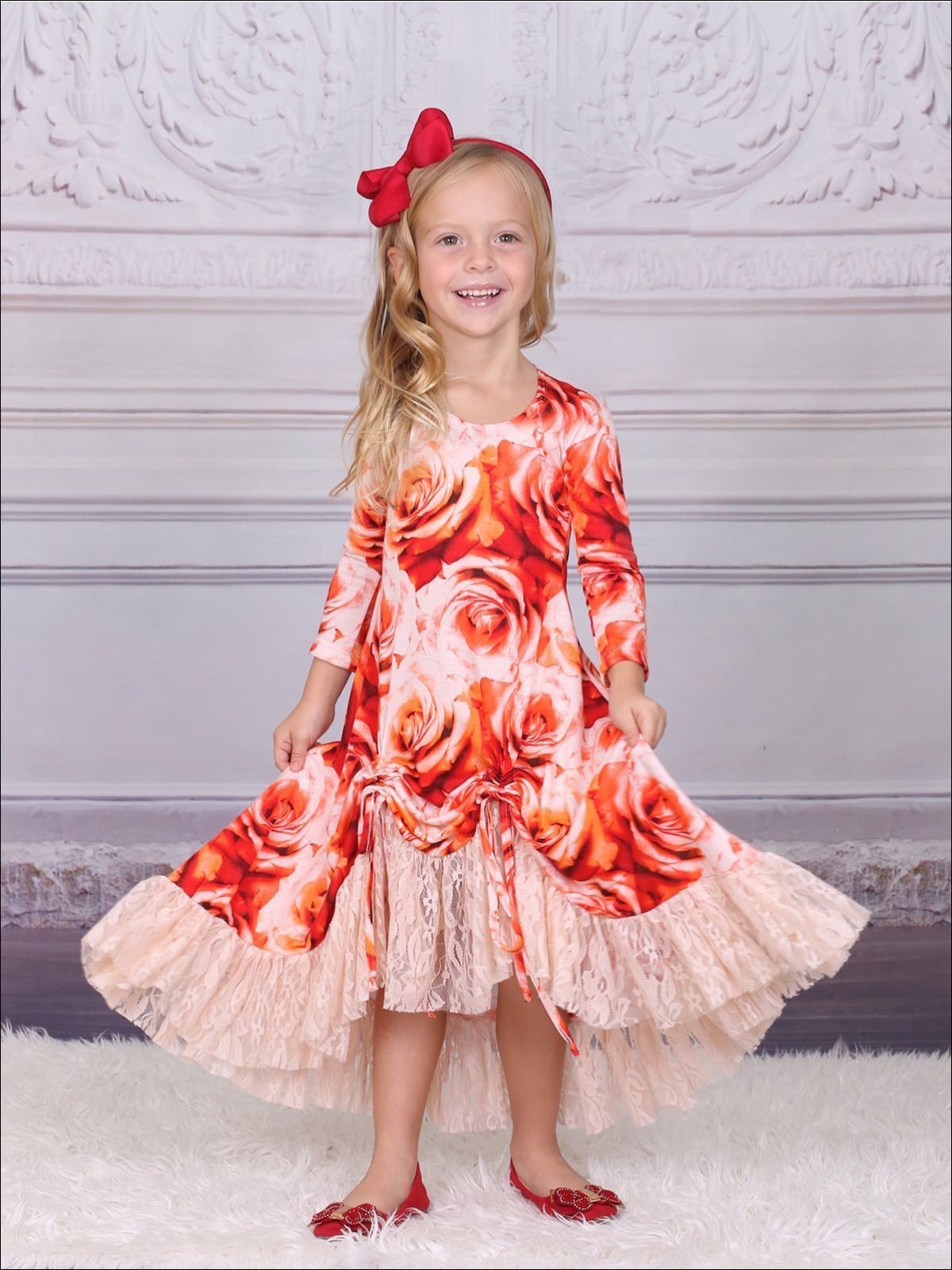 Girls Red & Creme Hi-Lo Drawstring Dress with Long Sleeves - Girls Fall Dressy Dress