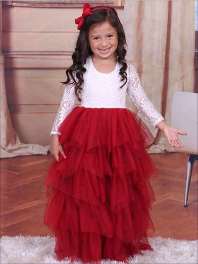 Girls Party Dresses | Lace Bodice Cascading Red Tulle Holiday Dress