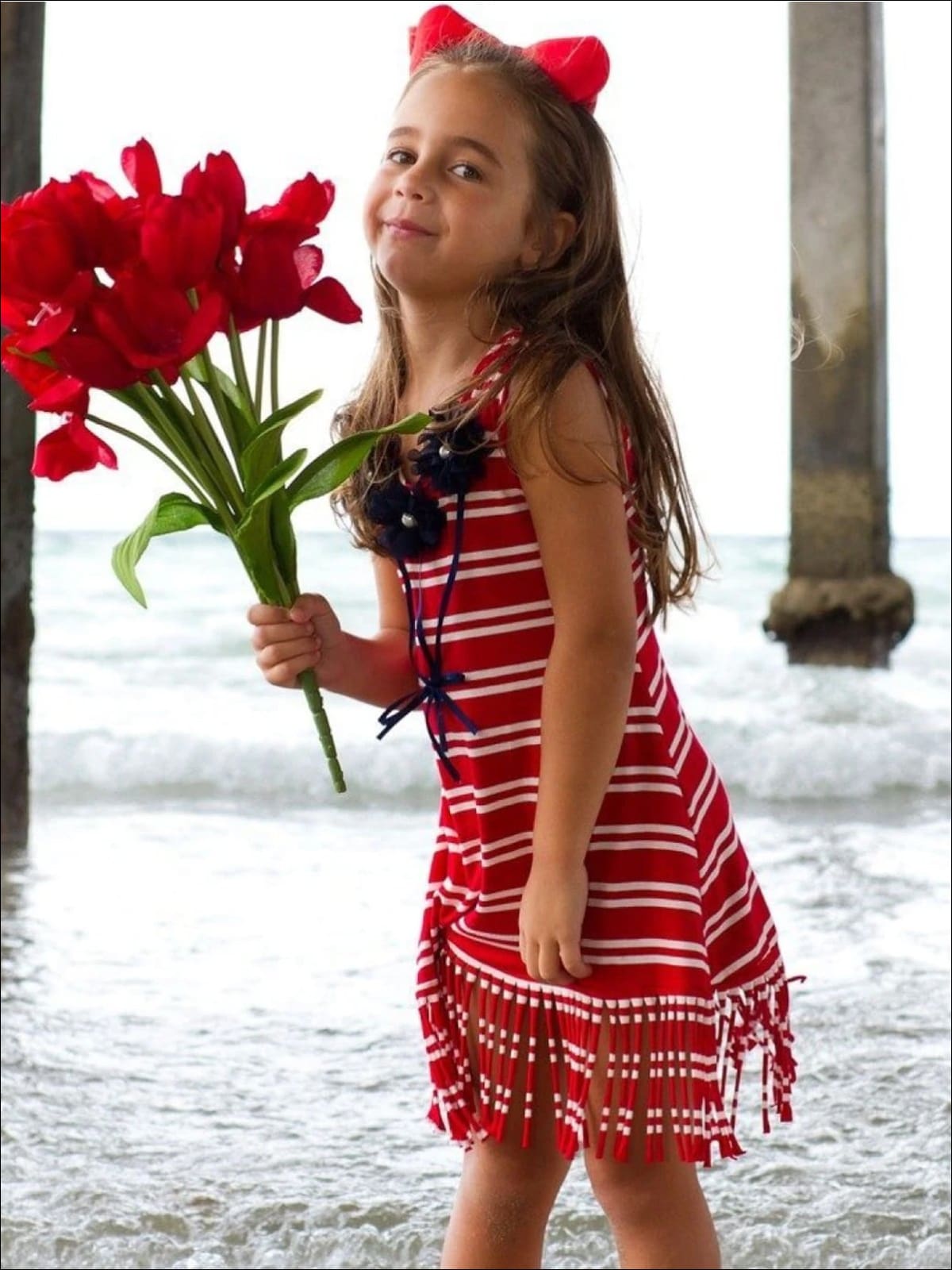 Girls Red & Crème Stripe Rosette Fringe Tunic Dress - Red & Crème / 3T - Girls Spring Casual Dress