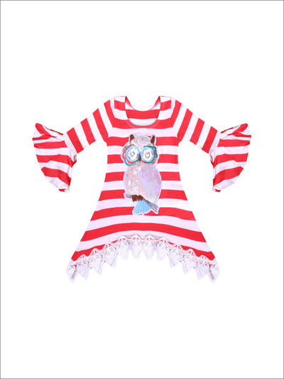 Girls Red & Creme Striped Boho Sleeves Crochet Hem Tunic with Sequin Owl Applique - Fall Low Stock