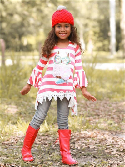 Girls Red & Creme Striped Boho Sleeves Crochet Hem Tunic with Sequin Owl Applique - Red / 2T/3T - Fall Low Stock
