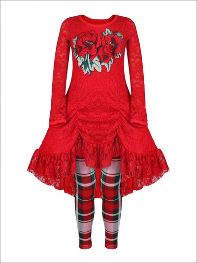 Girls Red Drawstring Lace Tunic & Plaid Leggings Set - Girls Fall Dressy Set