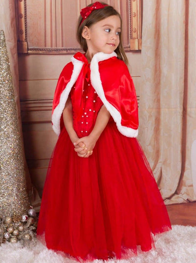 Girls Winter Formal Wear | Red Holiday Gown & Satin Hooded Cape Set