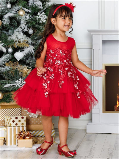 Girls Red Floral Embroidered Tiered Holiday Dressy Dress - Girls Fall Dressy Dress