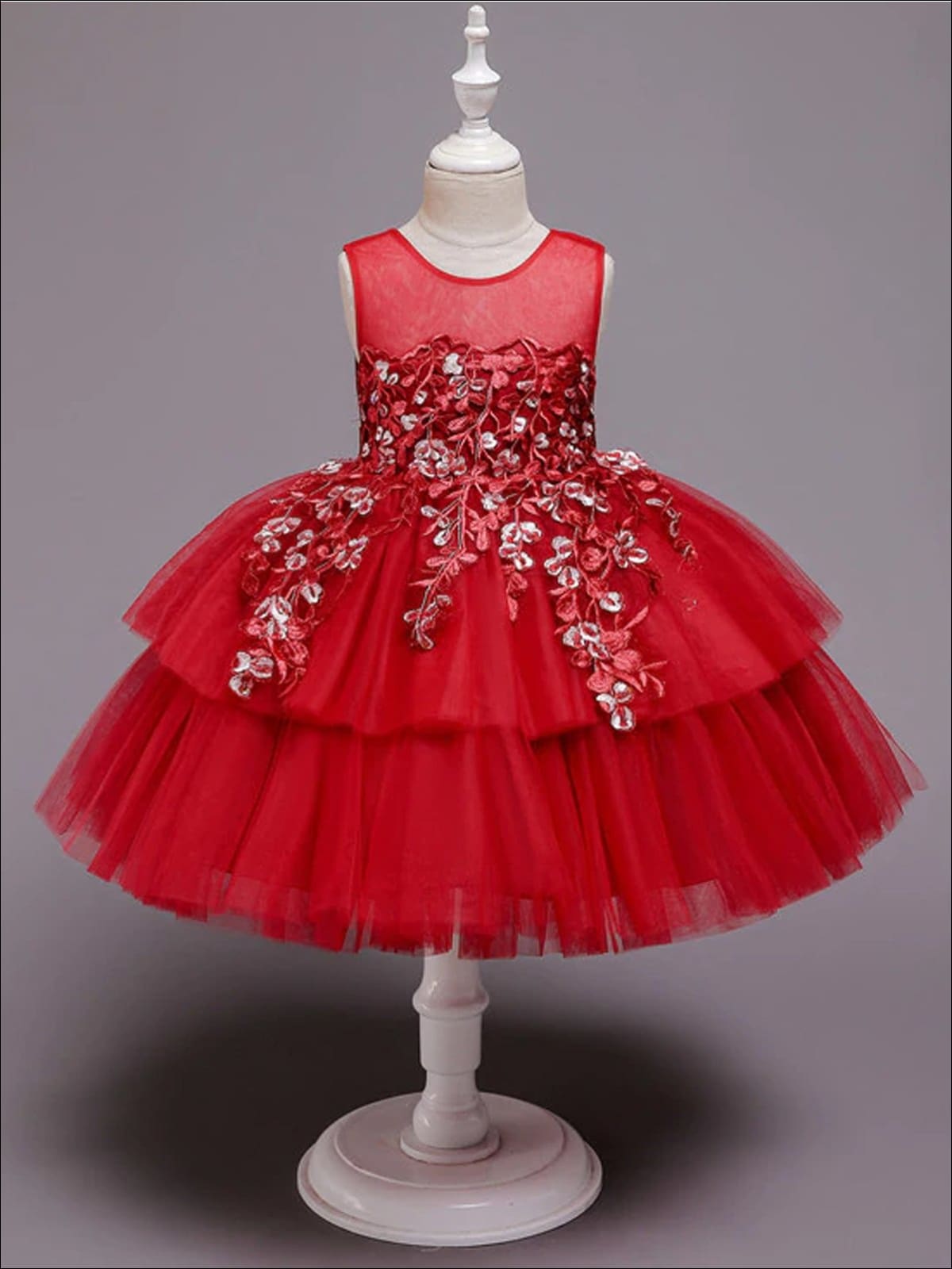 Girls Red Floral Embroidered Tiered Holiday Dressy Dress - Red / 3T/4T - Girls Fall Dressy Dress