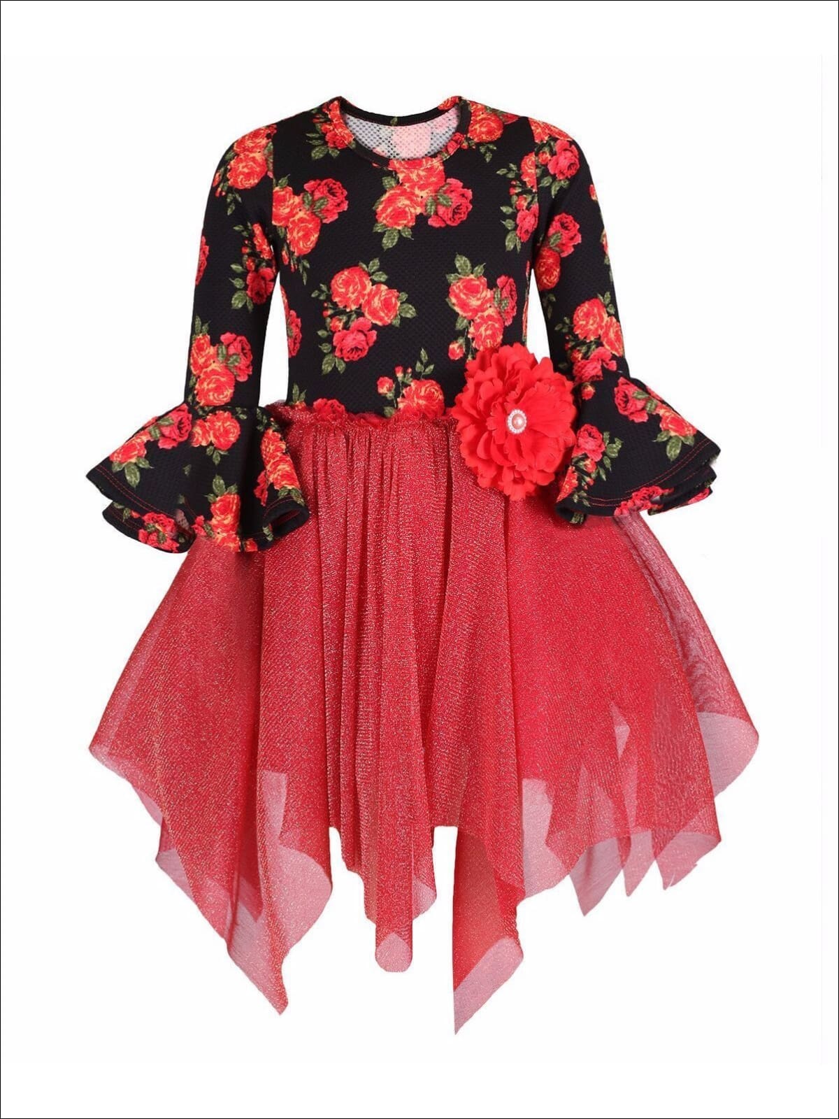 Girls Red Floral Tutu Skirt Flare Sleeve Dress - Girls Fall Dressy Dress
