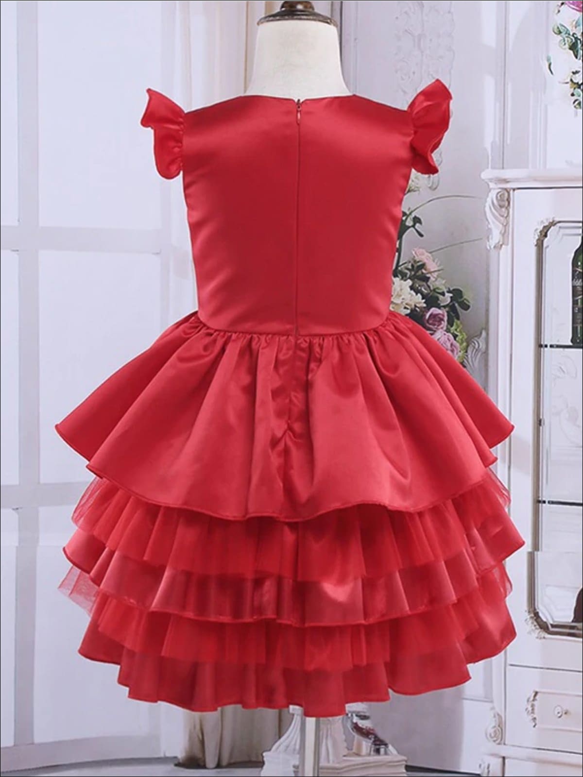 Girls Red Flutter Sleeve Satin Tiered Ruffle Special Occasion Party Dress - Girls Fall Dressy Dress