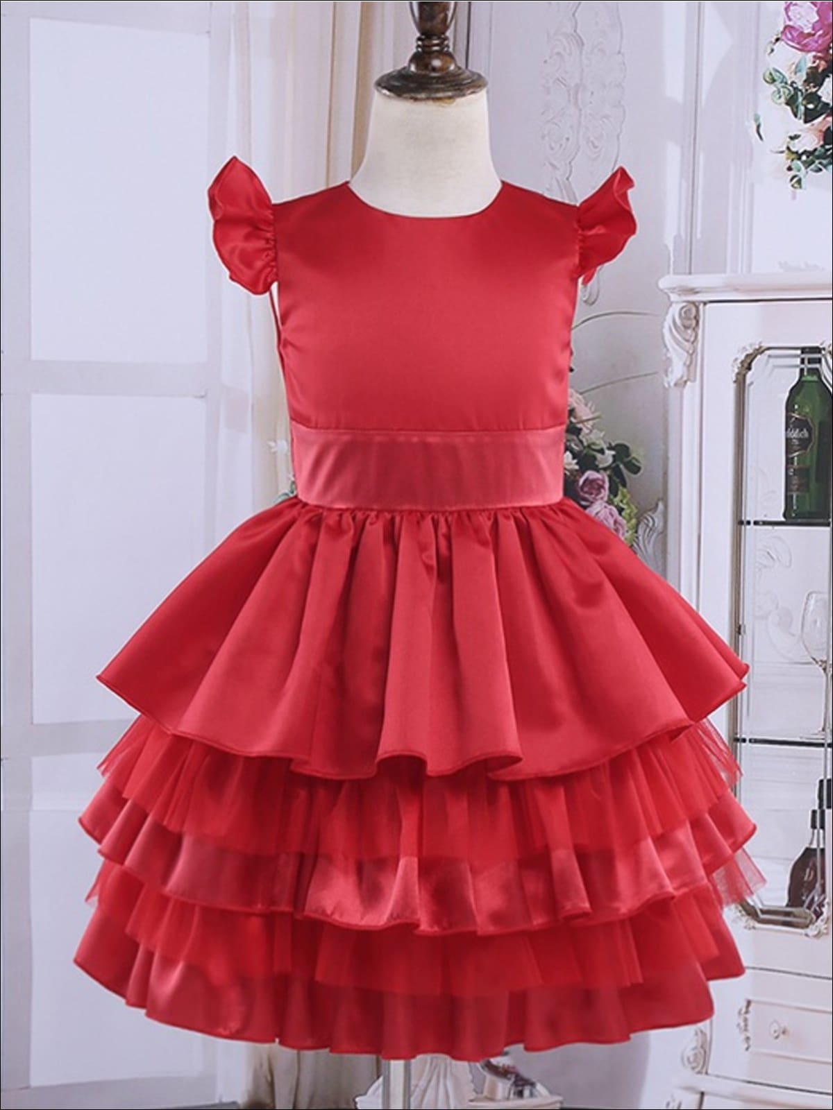Girls Red Flutter Sleeve Satin Tiered Ruffle Special Occasion Party Dress - Red / 4T - Girls Fall Dressy Dress