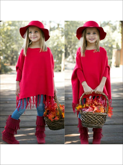 Girls Red Fringe Poncho - Fall Low Stock