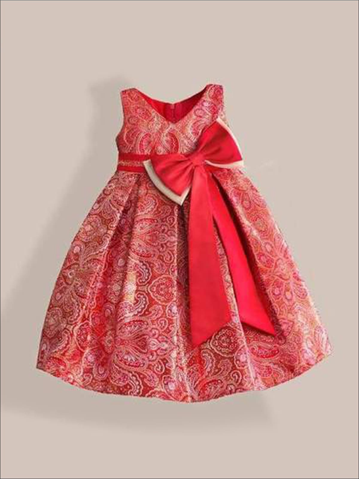 Girls Red & Gold Paisley Print Party Dress with Large Bow - Girls Dresses