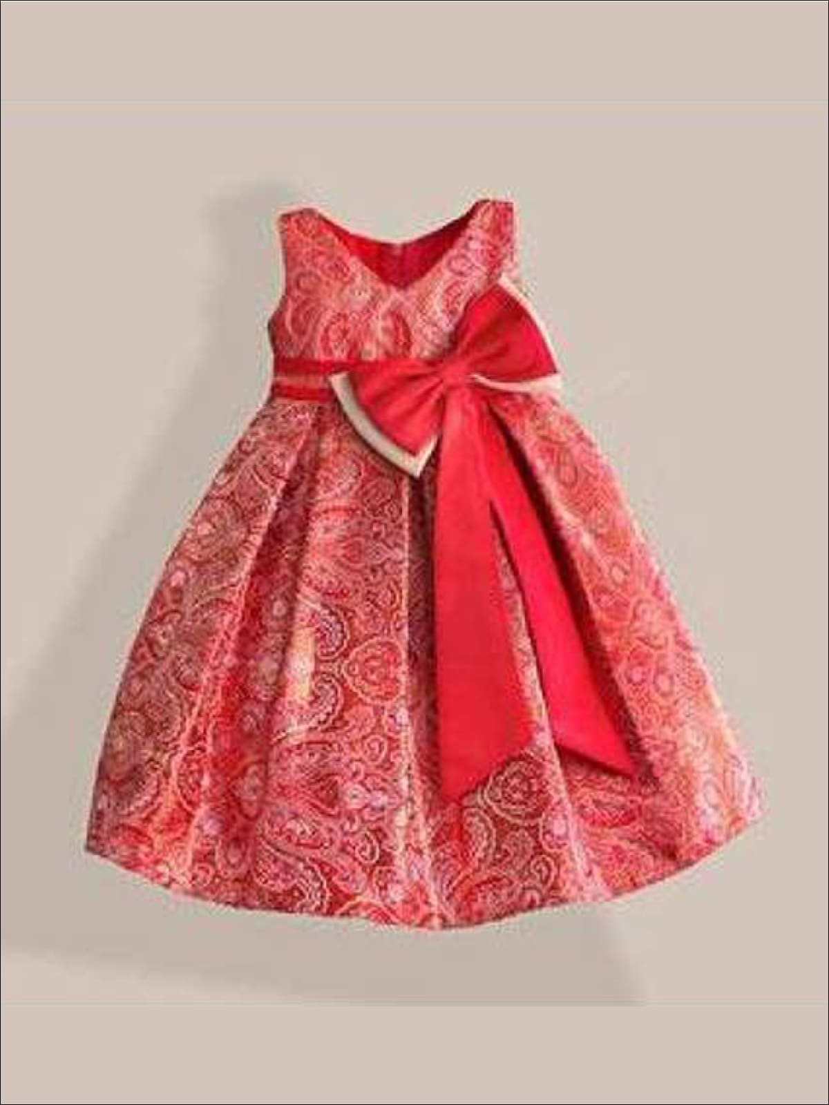 Girls Red & Gold Paisley Print Party Dress with Large Bow - Red & Gold / 3T - Girls Dresses