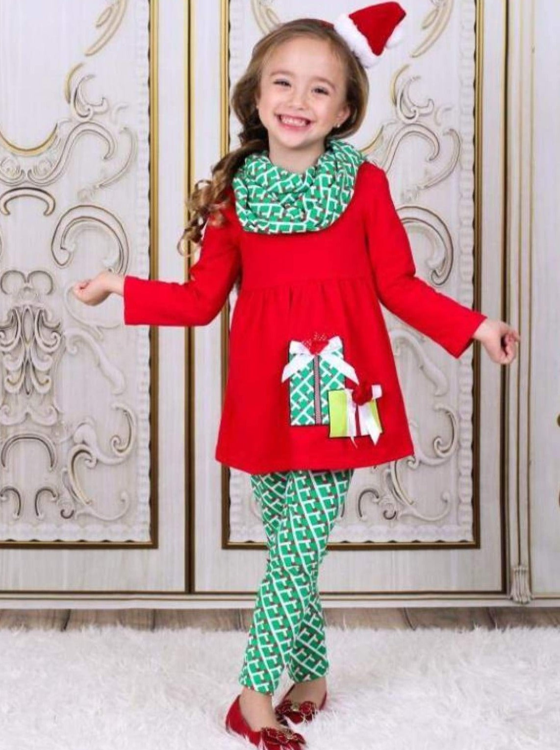Girls Red & Green Christmas Present Tunic Leggings & Scarf Set - Girls Christmas Set