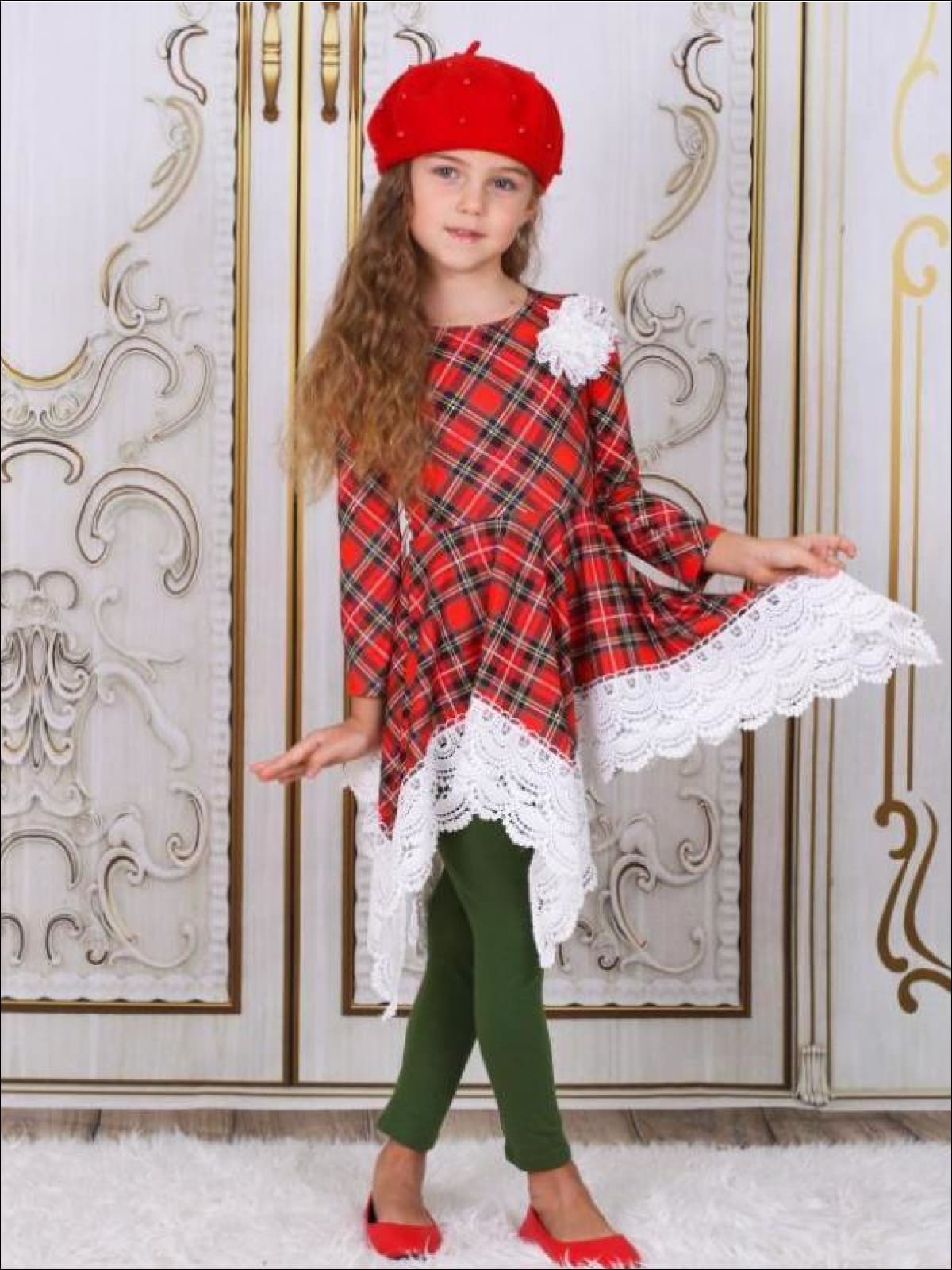 Girls Red & Green Plaid Crochet Trimmed Handkerchief Tunic & Leggings Set - Girls Fall Dressy Set