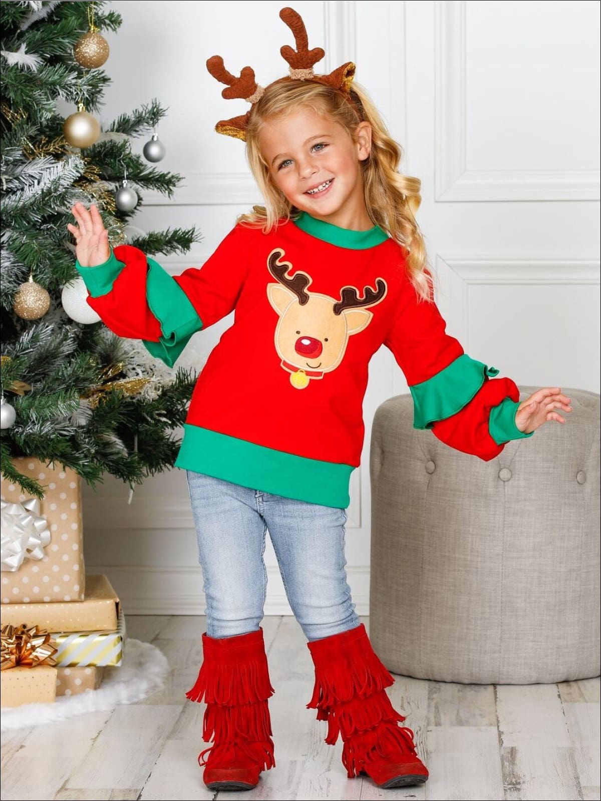 Winter Tops | Girls Rudolph Ruffle Tiered Sleeve Holiday Sweatshirt