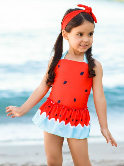 One Piece Girls Swimsuit | Toddler Halter Watermelon Skirted Swimsuit