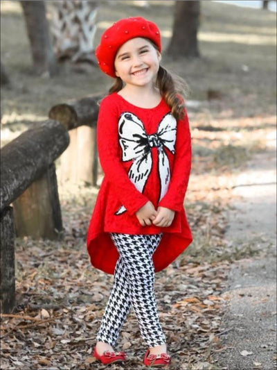 Girls Red Hi-Lo Lace Tunic & Houndstooth Leggings Set with Bow Applique - 2T/3T / Red - Girls Fall Casual Set