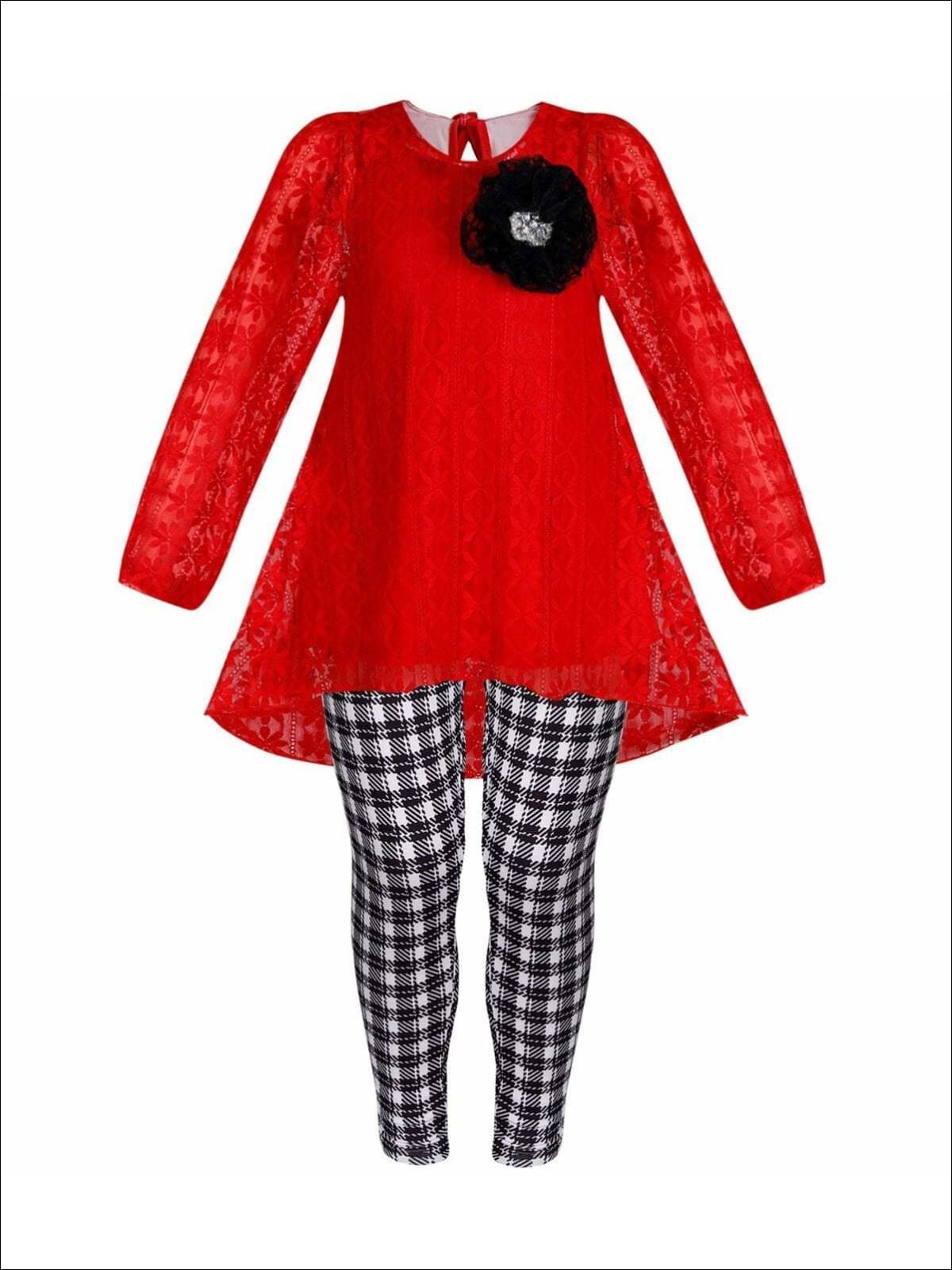 Girls Red Lace Long Sleeve Hi-Lo Tunic & Plaid Leggings Set - Red / 2T/3T - Girls Fall Casual Set