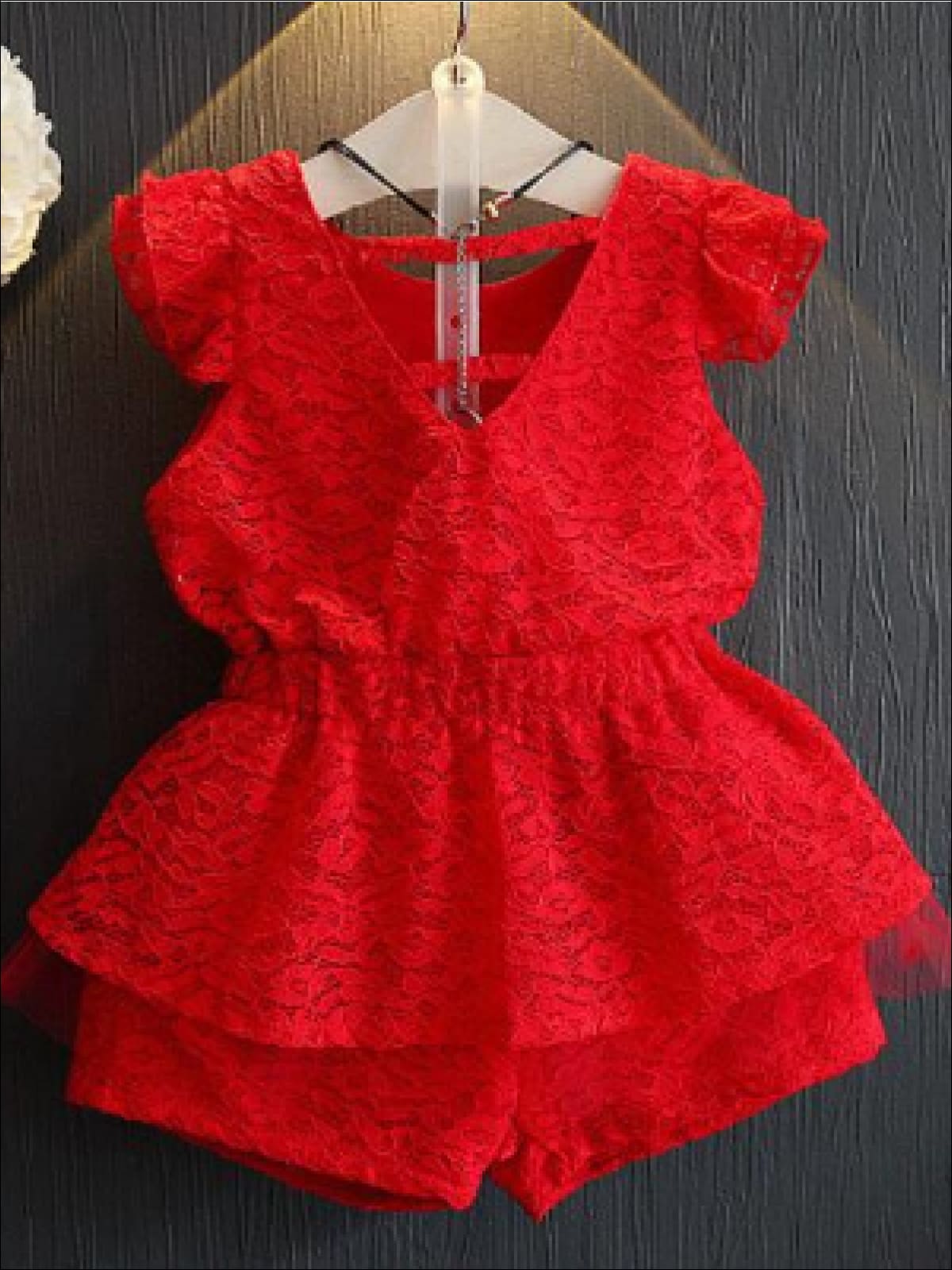 Spring Clothes For Girls | Red Lace Peplum Top & Lace Shorts Set