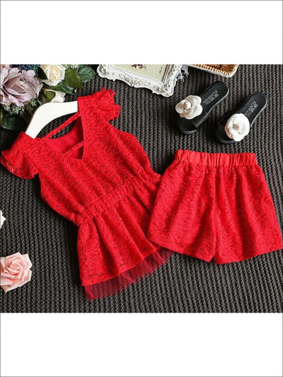 Spring Clothes For Girls | Red Lace Peplum Top & Lace Shorts Set