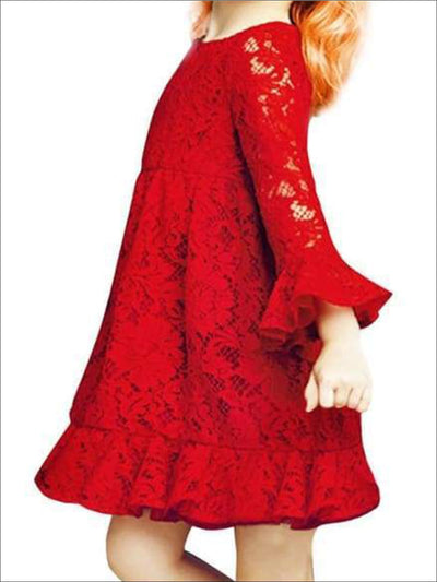 Girls Red Lace Ruffle Sleeve Holiday Dress - Girls Fall Dressy Dress