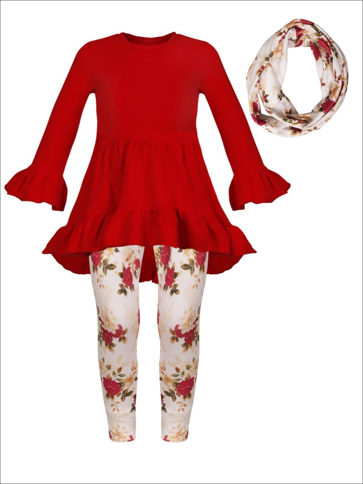 Girls Red Long Sleeve Ruffled Tunic Floral Leggings & Scarf Set - Girls Fall Casual Set