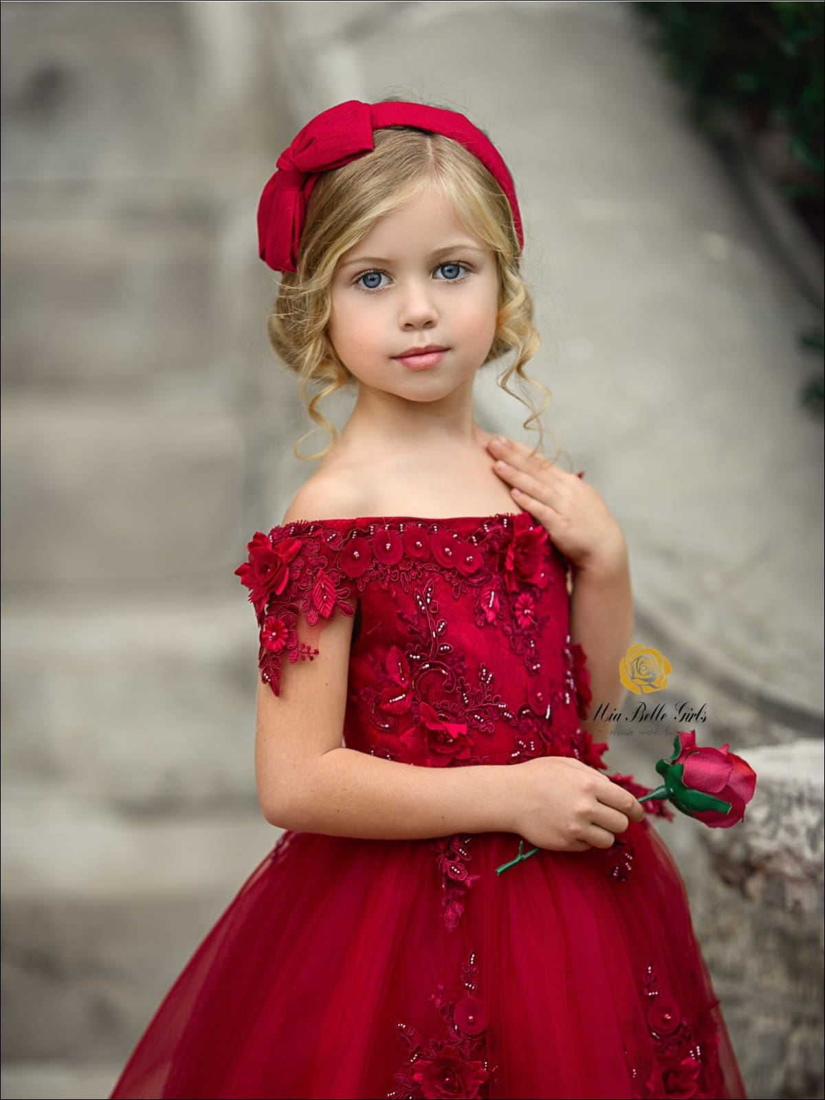 Girls Red Off Shoulder Floral Applique Hi-Low Dress with Long Train ( Red & Pink) - Girls Fall Dressy Dress