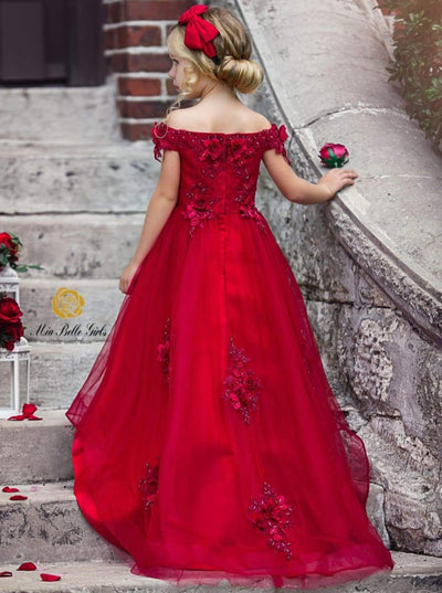 Girls Red Off Shoulder Floral Applique Hi-Low Dress with Long Train ( Red & Pink) - Girls Fall Dressy Dress