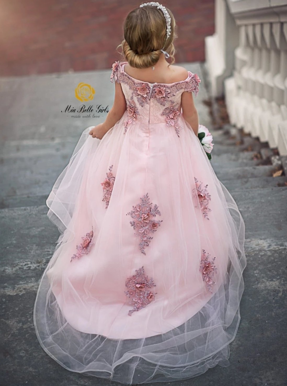 Girls Special Occasion Dress | Pink Flower Applique Tulle Hi-Lo Gown