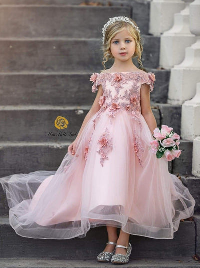 Girls Special Occasion Dress | Pink Flower Applique Tulle Hi-Lo Gown ...
