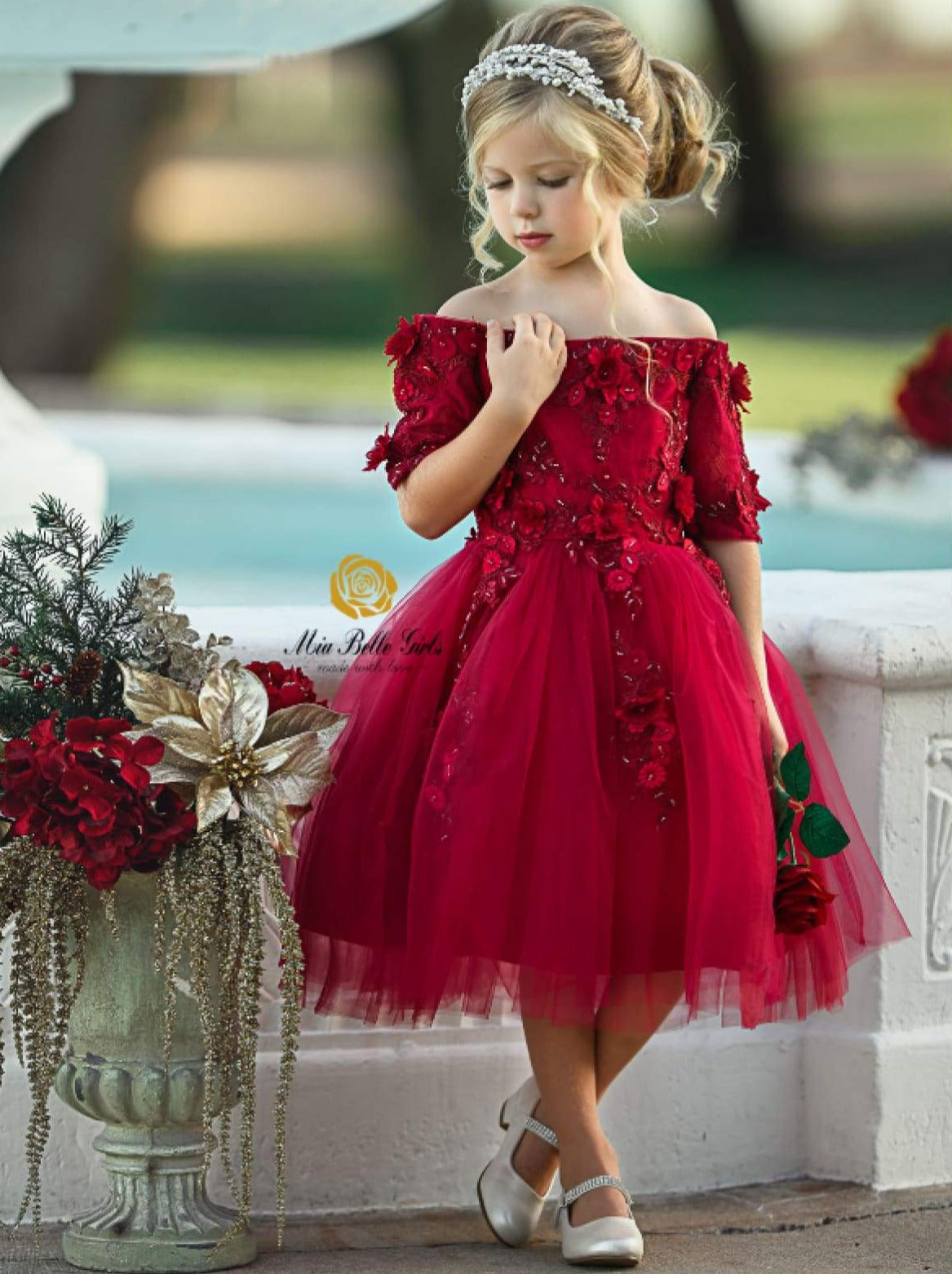 Winter Formal Dresses | Red Off Shoulder Floral Applique Holiday Dress ...