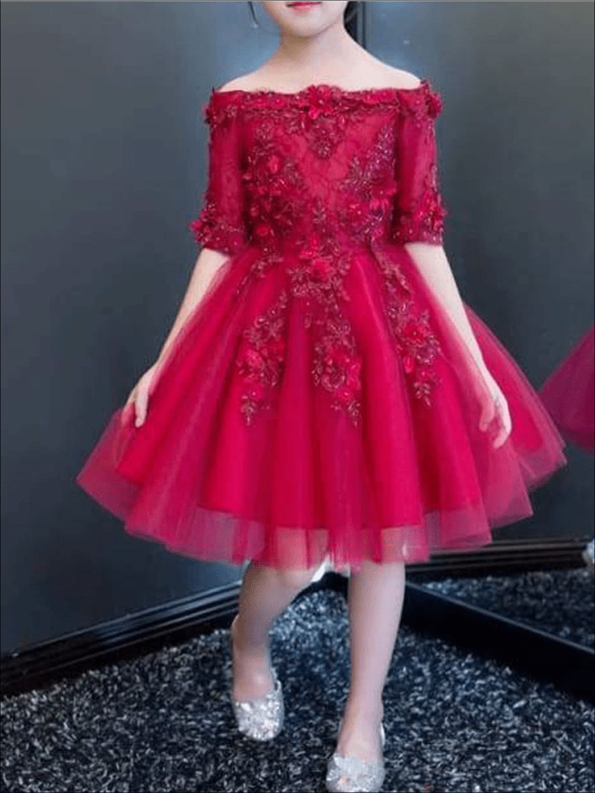 Winter Formal Dresses | Red Off Shoulder Floral Applique Holiday Dress
