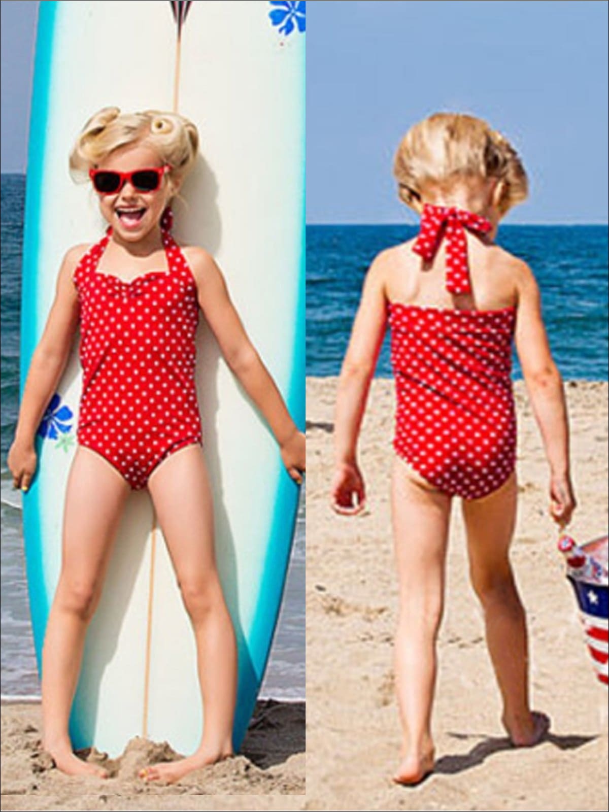 Girls Red Polka Dot Retro Halter Swimsuit - Red / 3 4Y - Girls One Piece Swimsuit
