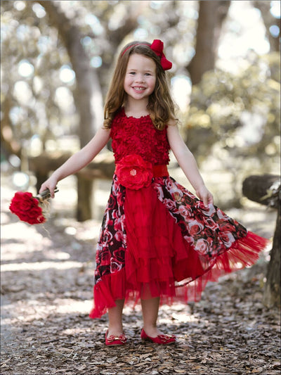 Girls Red Rose Rosette Bodice Ruffled Princess Dress - Girls Fall Dressy Dress