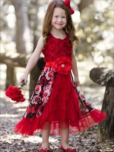 Girls Red Rose Rosette Bodice Ruffled Princess Dress - Red / 2T - Girls Fall Dressy Dress