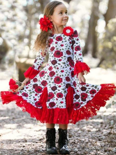 Girls Red Rose Twirl Dress with Lace Ruffles - Girls Fall Dressy Dress