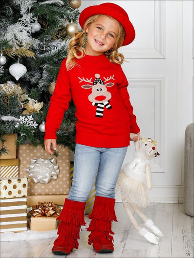 Girls Red Rudolph Print Cowl Neck Christmas Sweater - Girls Sweater