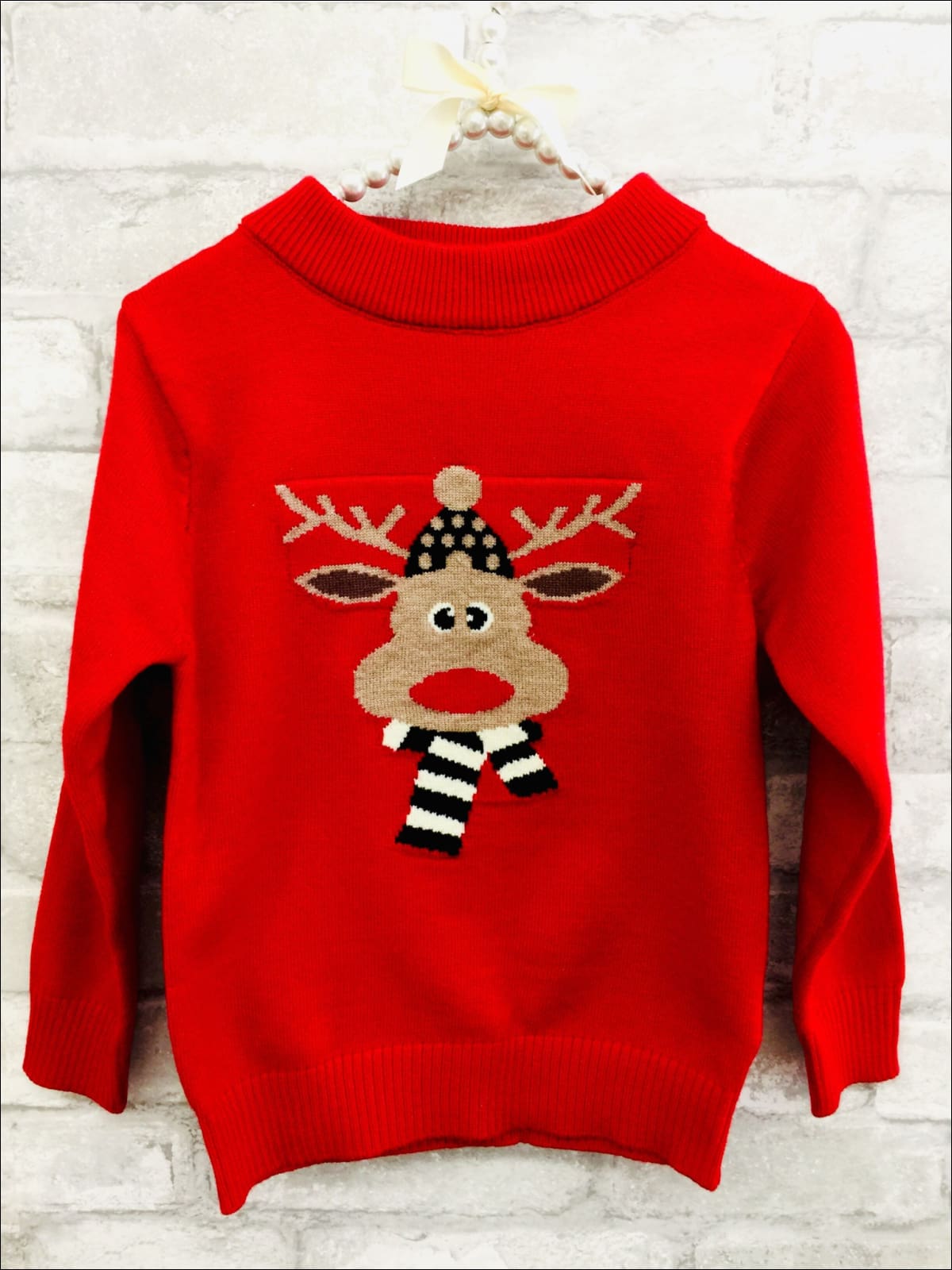 Girls Red Rudolph Print Cowl Neck Christmas Sweater - Red / 2T - Girls Sweater