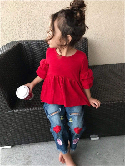 Girls Red Ruffled Sleeve Top & Rose Applique Distressed Jeans Set - Girls Fall Casual Set