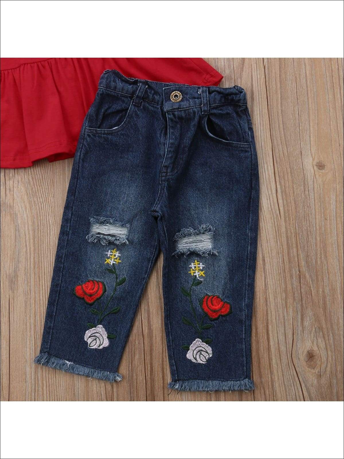 Girls Red Ruffled Sleeve Top & Rose Applique Distressed Jeans Set - Girls Fall Casual Set