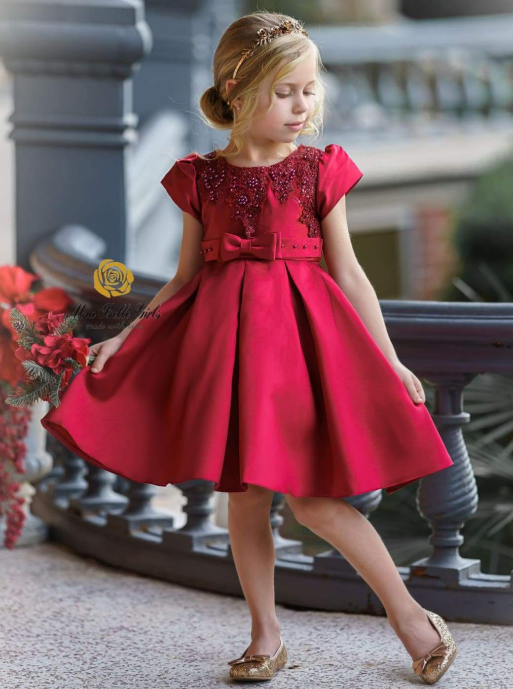 Girls Red Satin Floral Applique Holiday Princess Dress - Girls Fall Dressy Dress