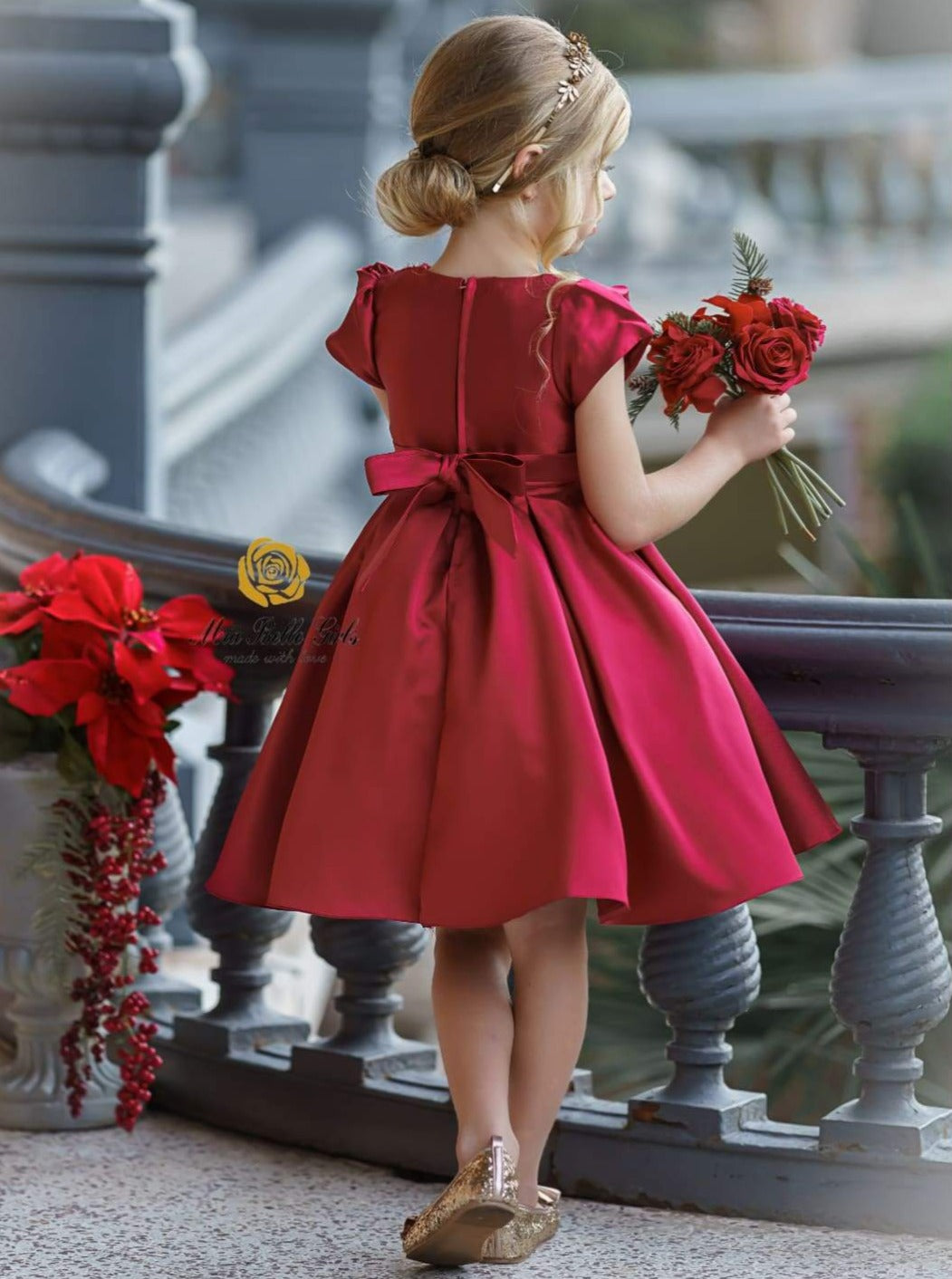 Girls Red Satin Floral Applique Holiday Princess Dress - Girls Fall Dressy Dress