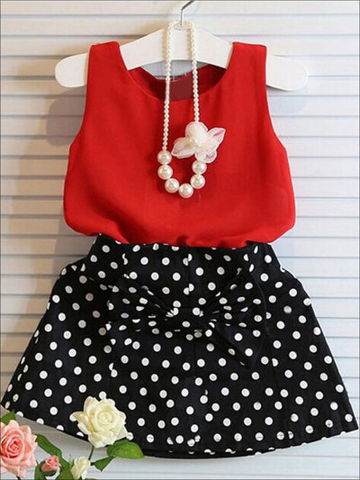 Girls Red Sleeveless Chiffon Top & Polka Dot Bow Skirt Set - Red / 18M - Girls Spring Dressy Set