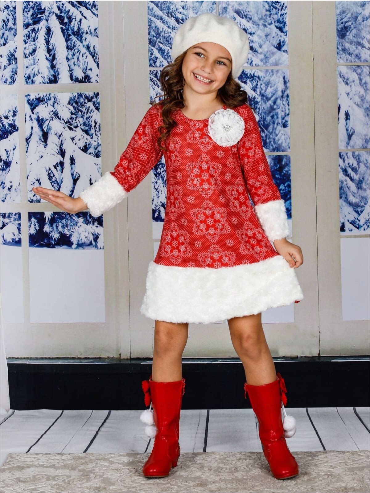 Girls Red Snowflake Print Rosette Cuffed Dress - Girls Fall Dressy Dress