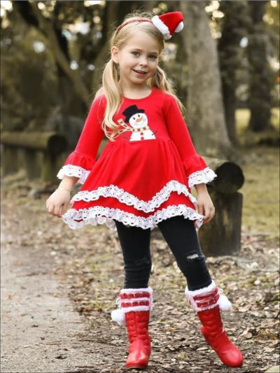 Girls Red Snowman Tunic with White Lace Ruffles - Girls Fall Top