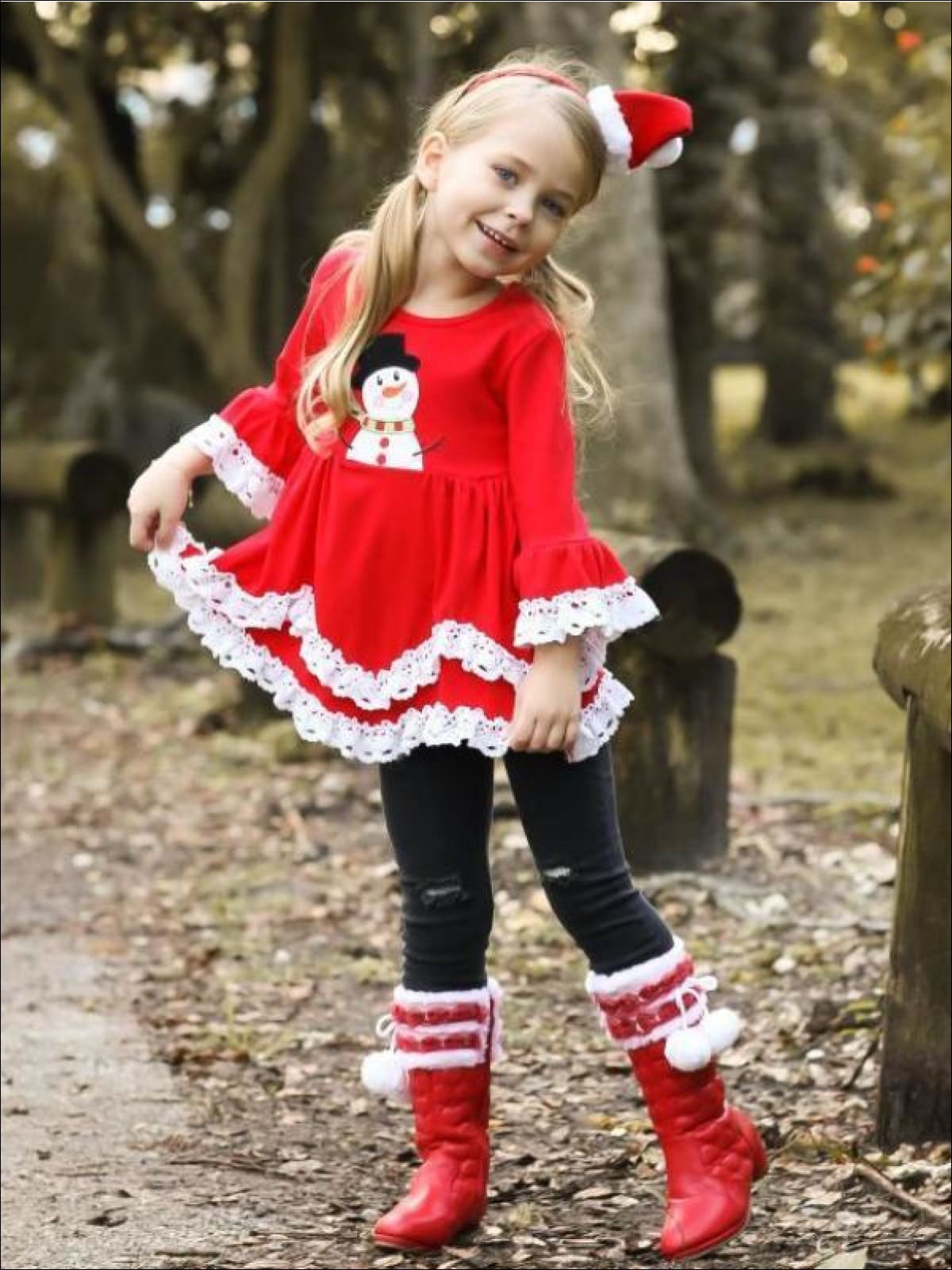 Girls Red Snowman Tunic with White Lace Ruffles - Girls Fall Top