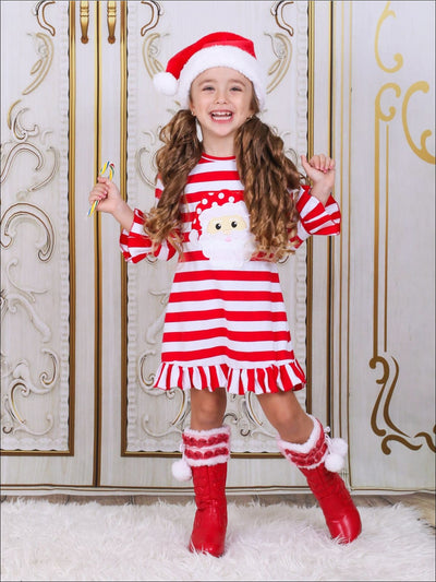 Girls Red Striped Santa Applique Ruffled Christmas Dress - Girls Christmas Dress