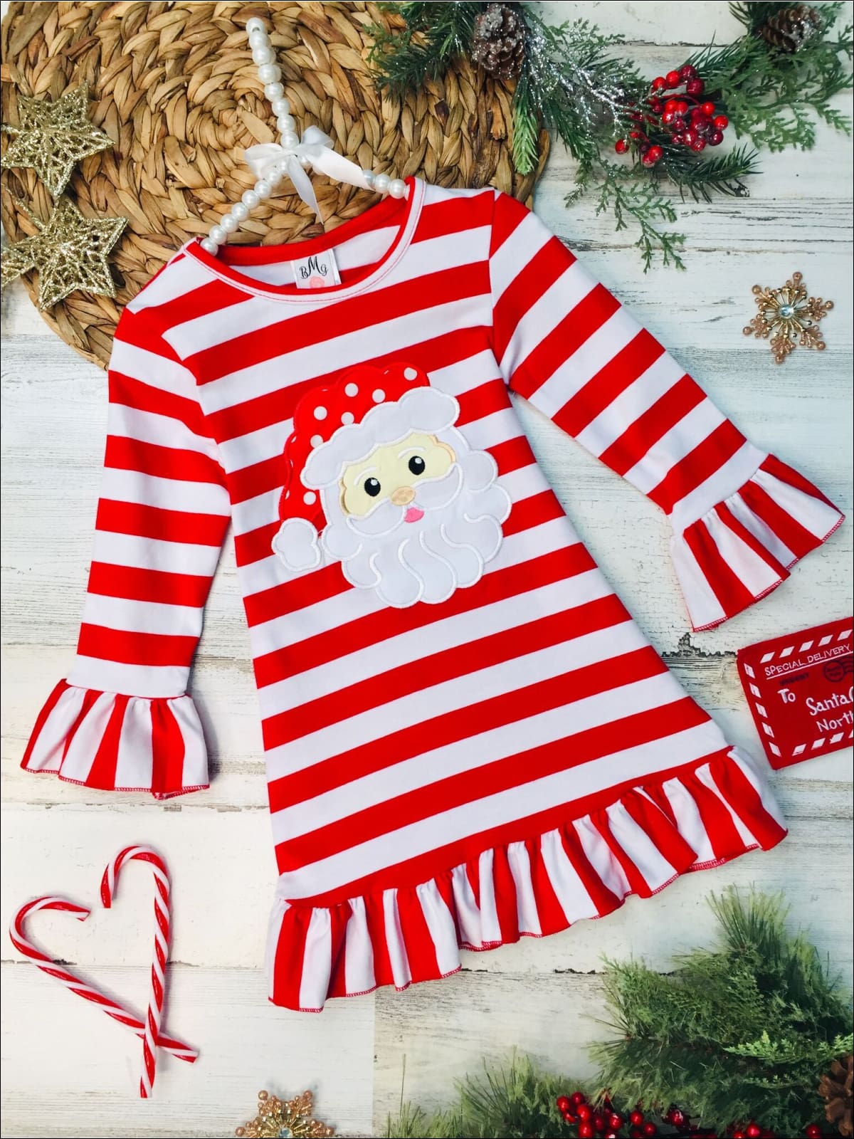 Girls Red Striped Santa Applique Ruffled Christmas Dress - Red / 2T - Girls Christmas Dress