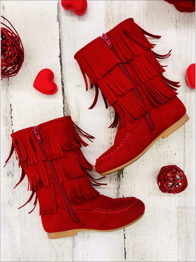 Girls Fringe Boots | Red Suede Tiered Fringe Boots - Mia Belle Girls